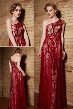 Sexy Red Sequin One Shoulder Long Evening Dress with Sleeves