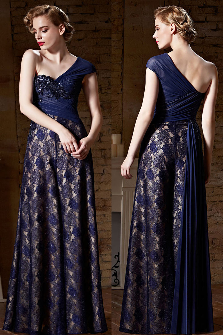 Modern One Shoulder Lace Blue Long Sequins Prom Dress With Short Sleeves