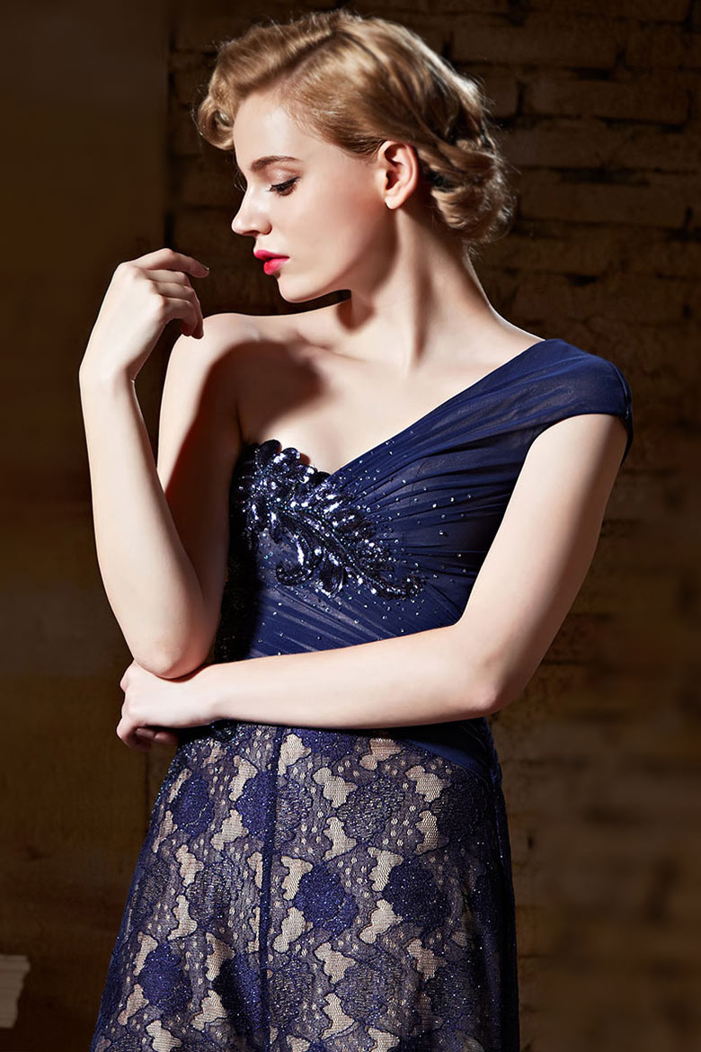 Modern One Shoulder Lace Blue Long Sequins Prom Dress With Short Sleeves