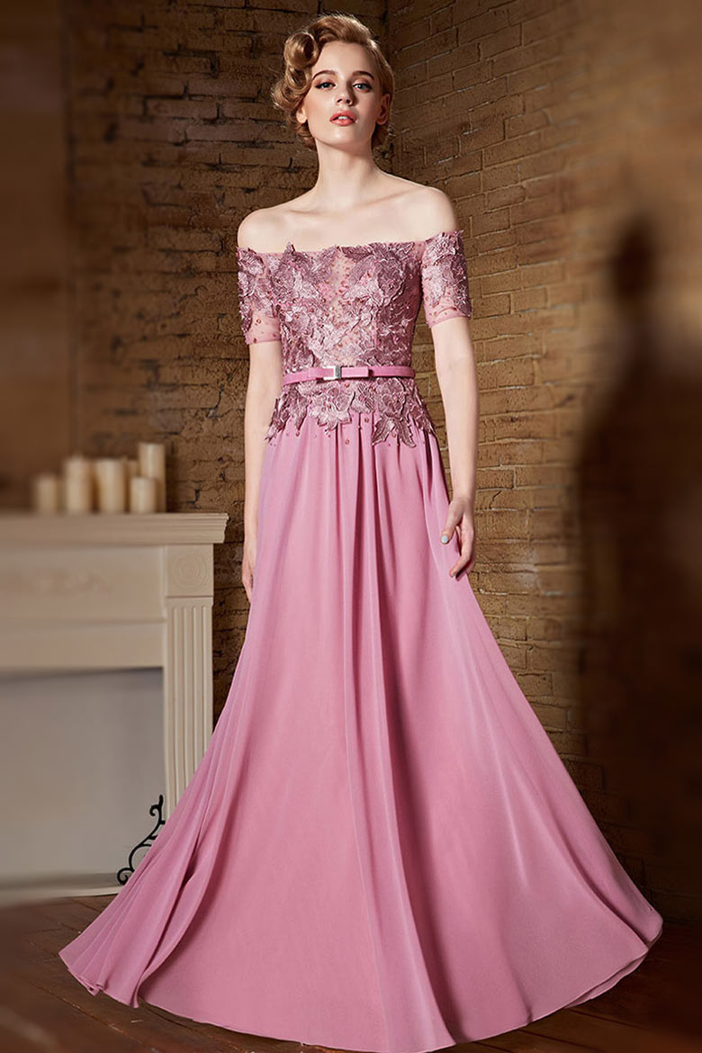 New Pink Long Chiffon Off Shoulder Evening Dress With Sleeves