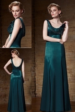 Gorgeous Satin Green Scoop Long A Line Beading Prom Dress