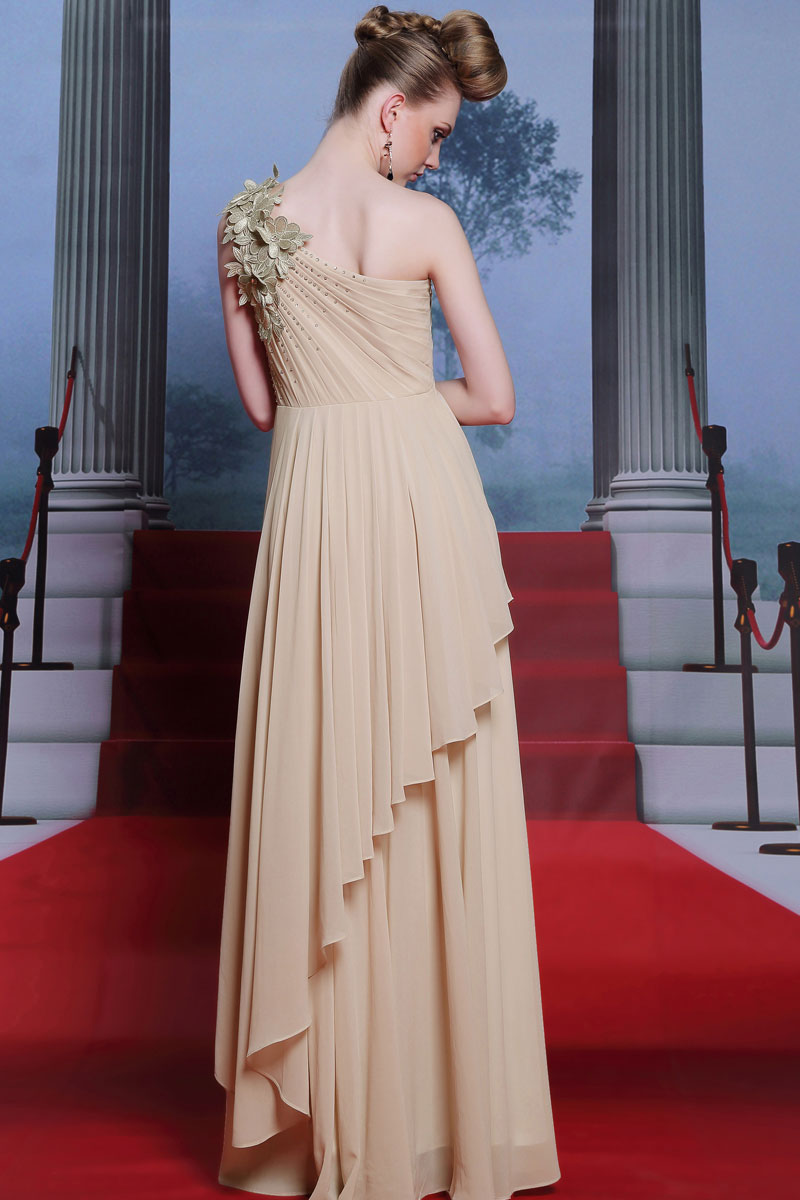 Beautiful One Shoulder Appliques Beading Ruffles Champagne Full Length Formal Dress