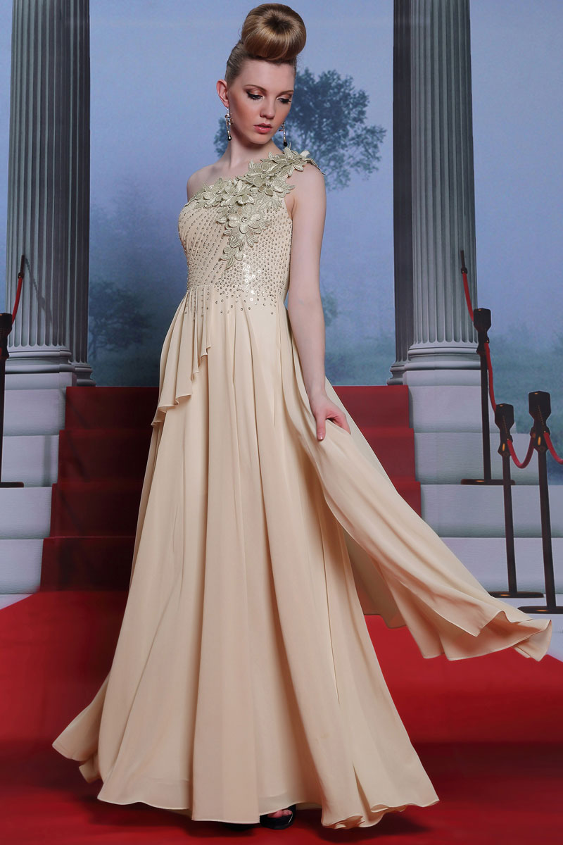 Beautiful One Shoulder Appliques Beading Ruffles Champagne Full Length Formal Dress