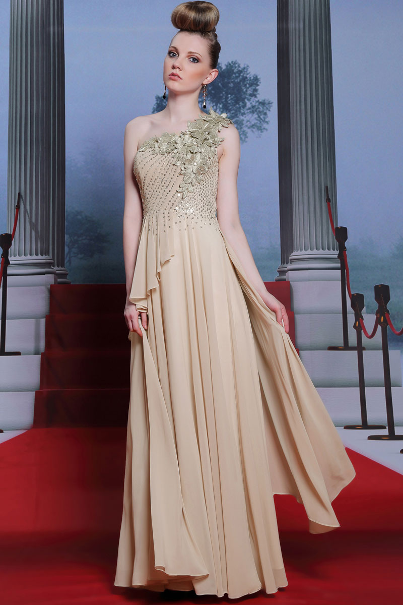 Beautiful One Shoulder Appliques Beading Ruffles Champagne Full Length Formal Dress