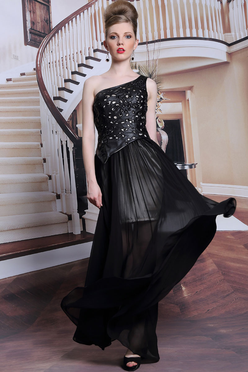 Modern One Shoulder Beadings Black Chiffon Long Formal Dress