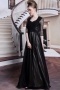 Sweetheart Lace Half Sleeves Zipper Black Chiffon Long Formal Dress