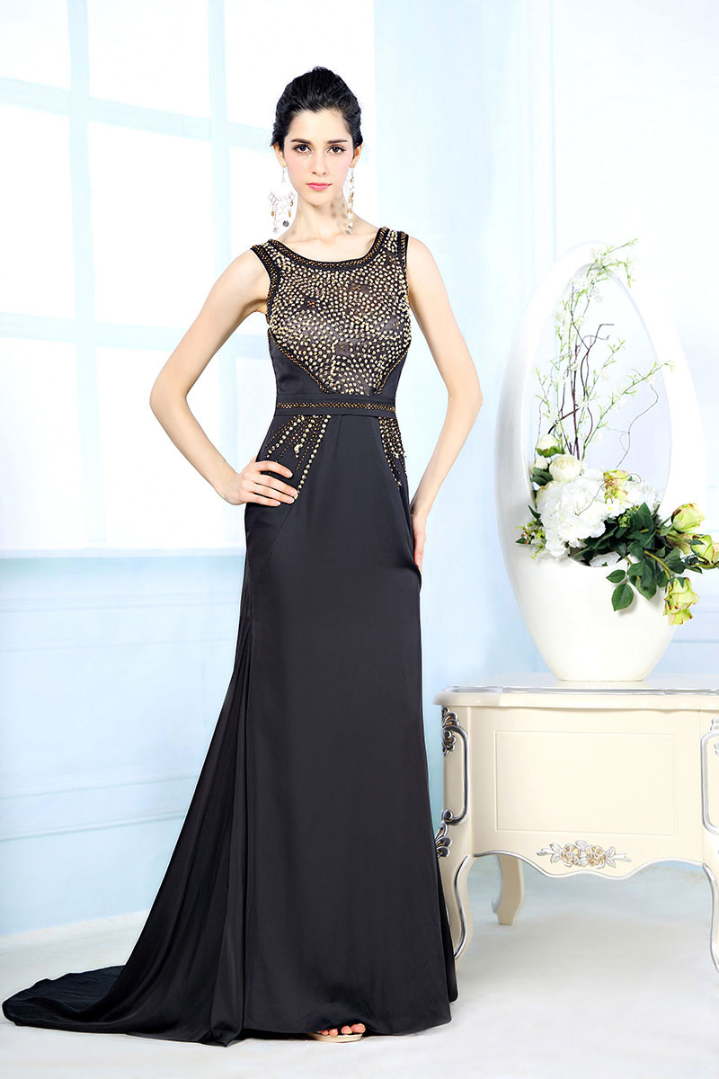 Gorgeous Scoop Color Block Beading Silk Like Satin Black Long Formal Dress