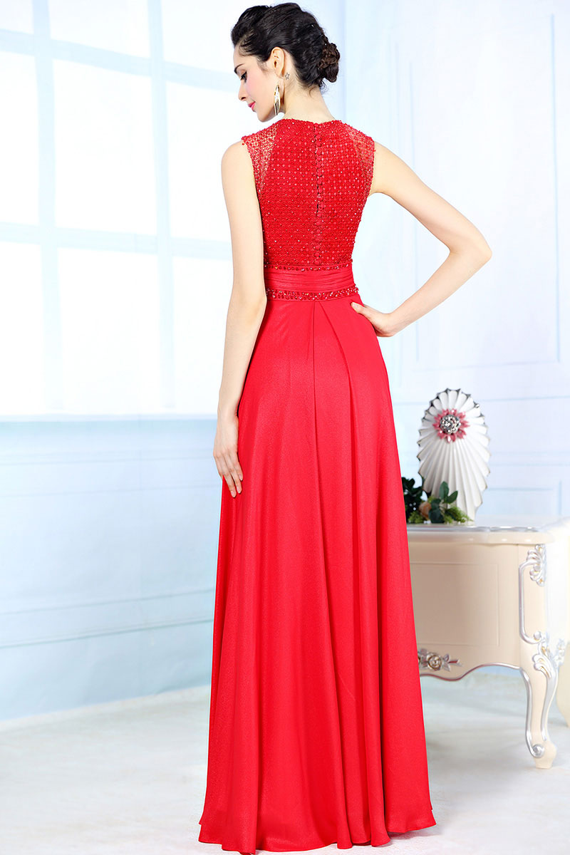 Elegant Scoop Lace Beading Red Chiffon Long School Formal Dress