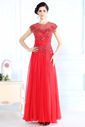 Dressesmall Chic Red Chiffon Scoop A Line Sequins Evening Dress With Sleeves