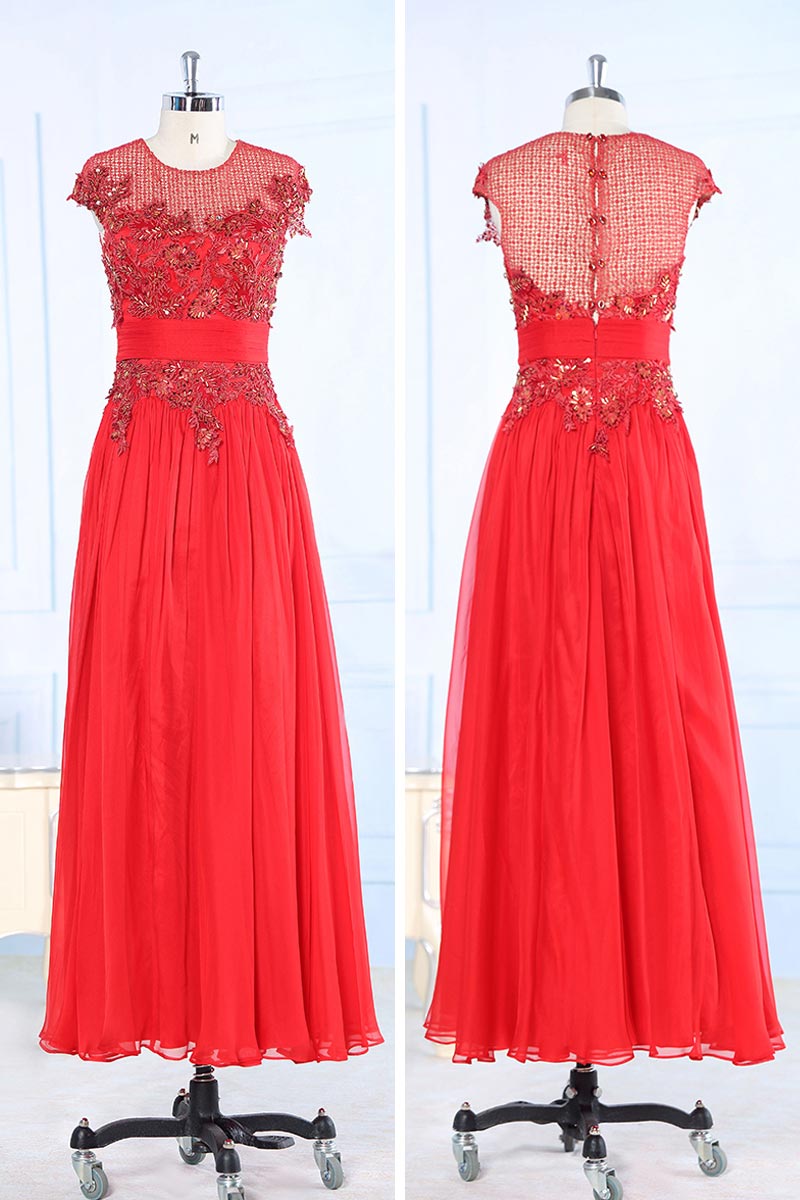 Chic Red Chiffon Scoop A Line Sequins Evening Dress With Sleeves