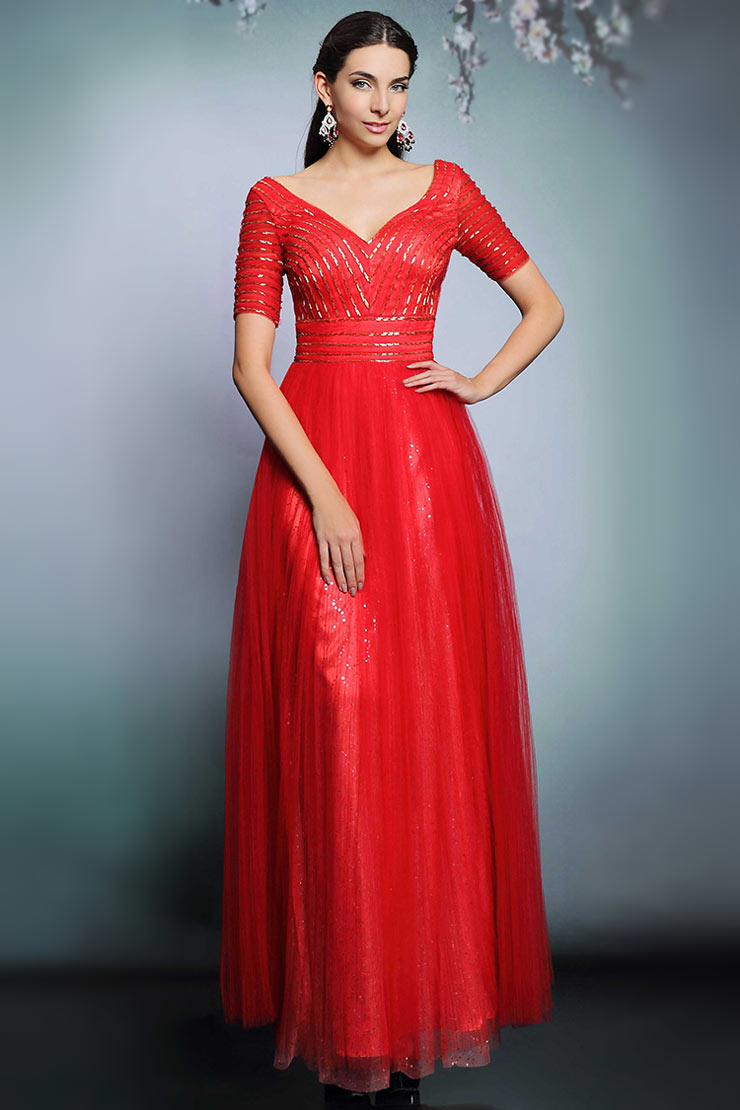 Sexy V Neck Tulle A Ling Red Evening Dress With Short Sleeves