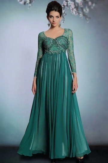 Dressesmall Vintage Chiffon Greeen A Line Long Evening Dress With Sleeves