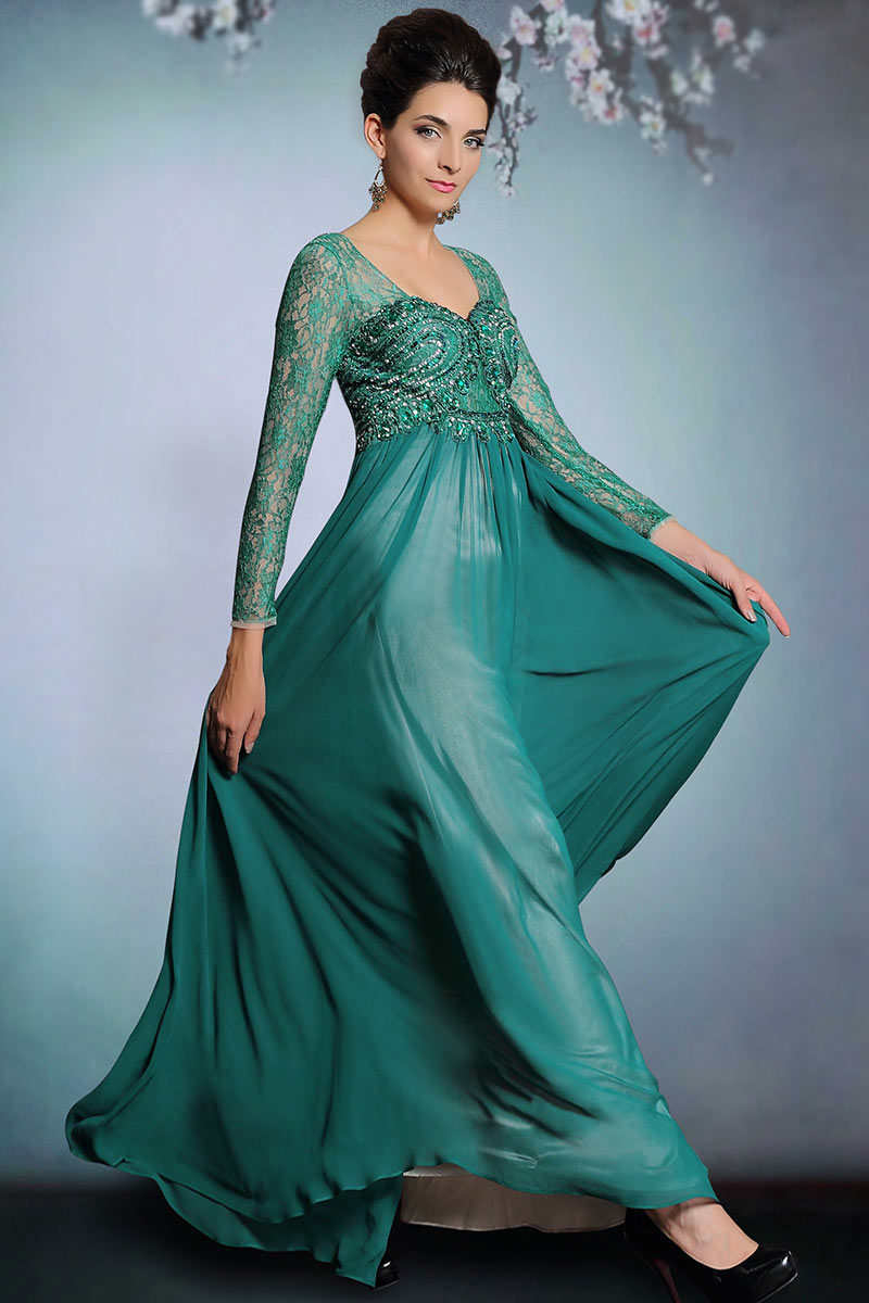 Vintage Chiffon Green A Line Long Evening Dress With Sleeves