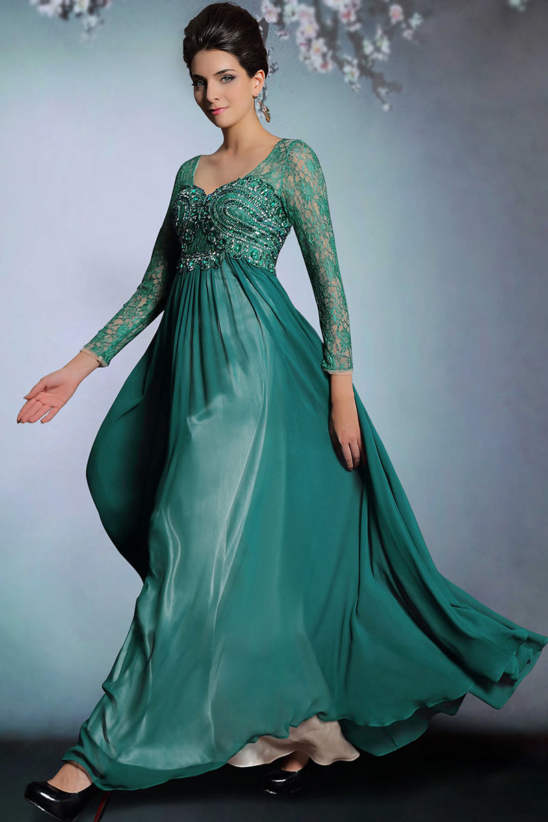 Vintage Chiffon Green A Line Long Evening Dress With Sleeves