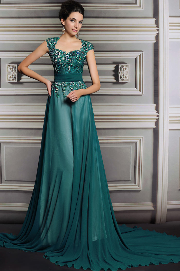 Gorgeous Green Chiffon Court Train A Line Evening Dress With Sleeves