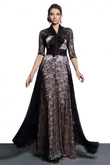 Luxus A-Linie schwarzes Bodenlanges Spitze Abendkleid mit Ärmeln Persun