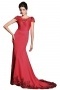 Chic Red Satin Scoop Court Train Beading Evening Dress With Sleeves
