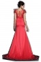 Chic Red Satin Scoop Court Train Beading Evening Dress With Sleeves