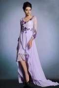 Chic Purple A Line Chiffon High Low Sweep Train Evening Dress with 3/4 Sleeves