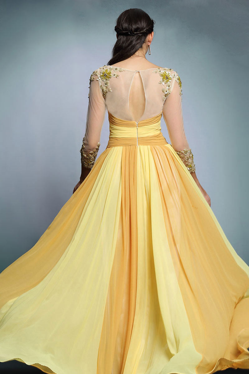 New Yellow Bateau Chiffon A Line Long Prom Dress With Sleeves