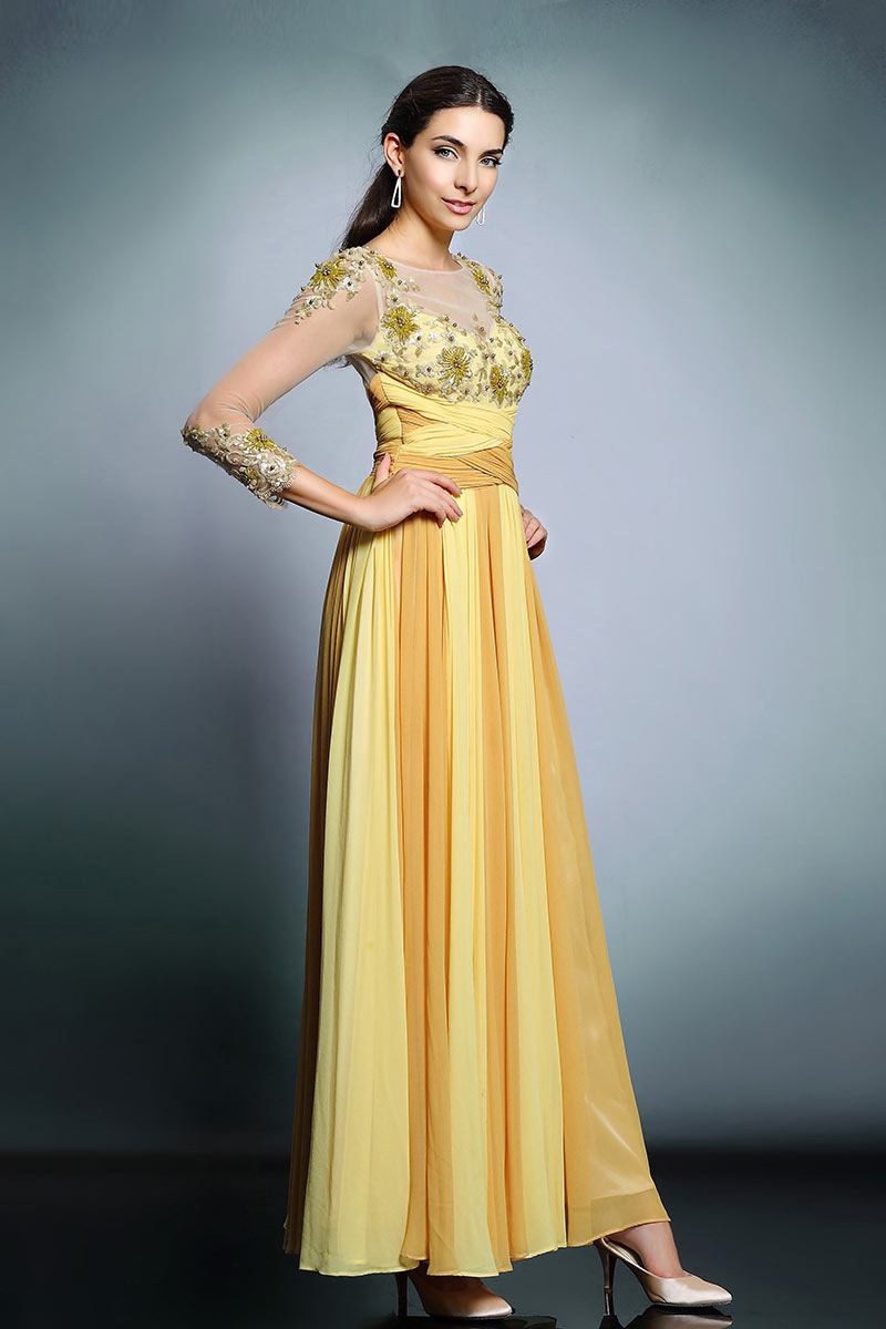 New Yellow Bateau Chiffon A Line Long Prom Dress With Sleeves