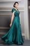 Sexy V NECK Satin A Line Long Green Evening Dress With Sleeves