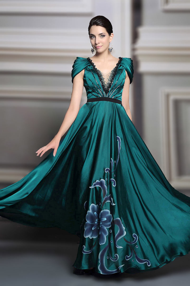 Sexy V Neck Satin A Line Long Green Evening Dress With Sleeves Xhd31246 Persuncc