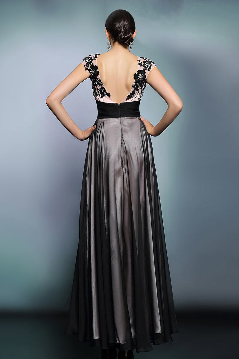 Elegant Chiffon Color Block Long Beading Formal Dress With Sleeves