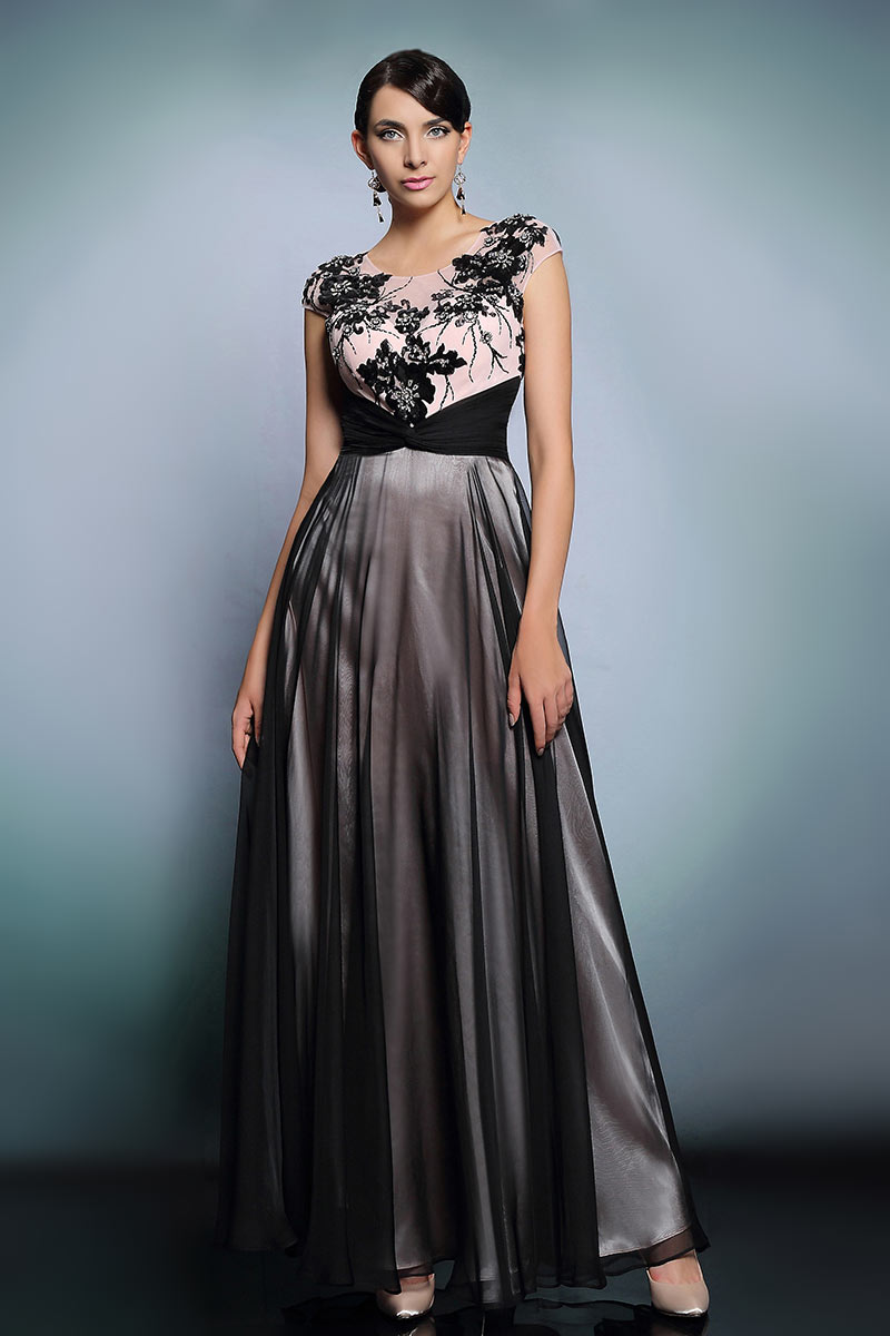 Elegant Chiffon Color Block Long Beading Formal Dress With Sleeves