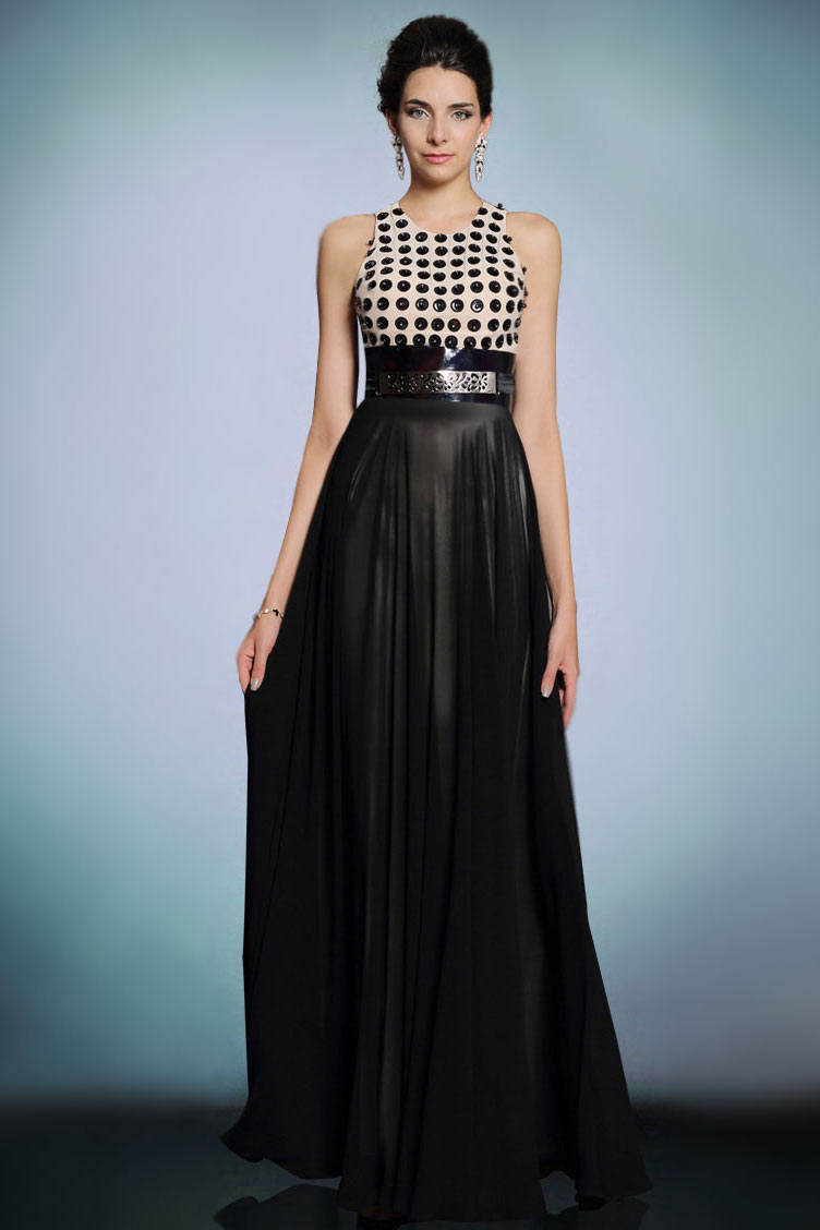 Modern Chiffon Jewel A Line Color Block Long Formal Dress