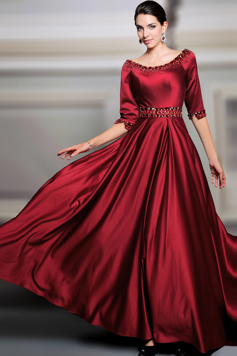 Gorgeous Red A Line Satin Bateau Brush Train Prom Dress With Sleeves