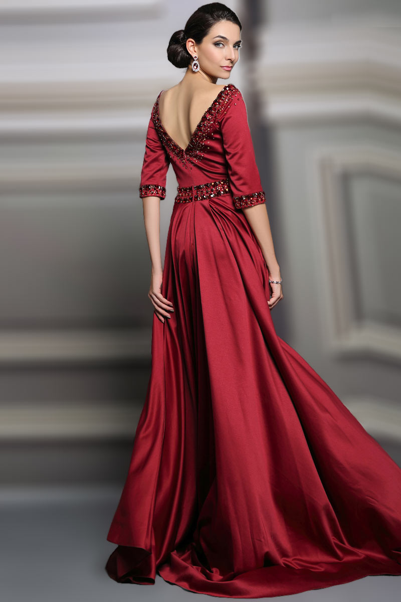 Gorgeous Red A Line Satin Bateau Brush Train Prom Dress With Sleeves