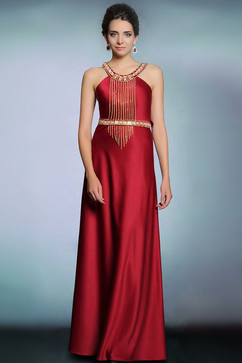 Modern Red Satin Jewel A Line Floor Length Tassel Evening Dress