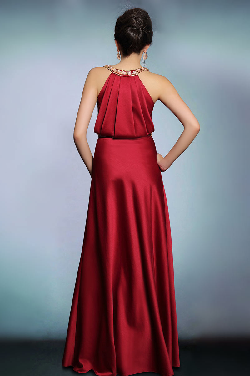 Modern Red Satin Jewel A Line Floor Length Tassel Evening Dress