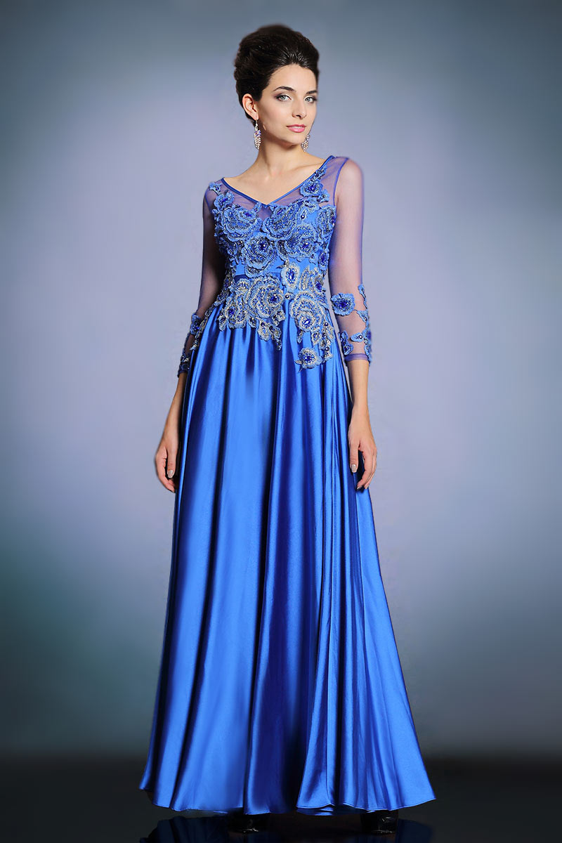 Sexy V Neck A Line Blue Satin Long Evening Dress With Sleeves