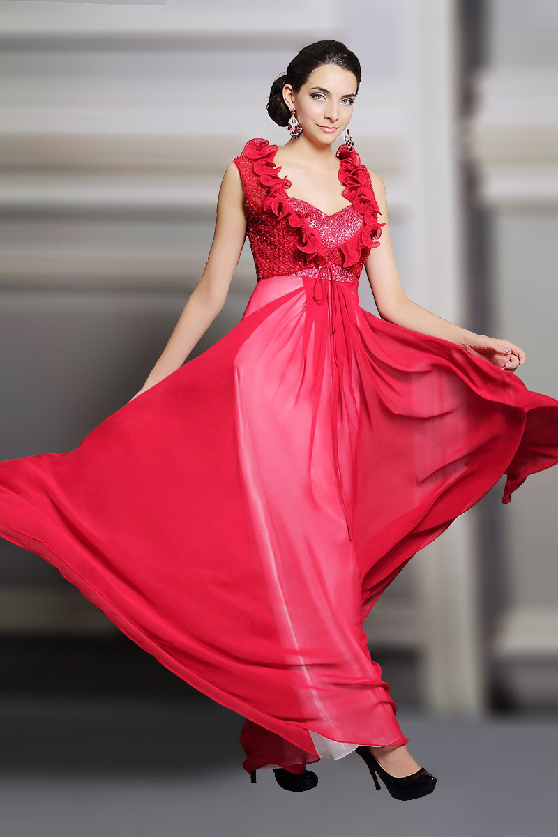 Chic Red Sweetheart A Line Chiffon Long Sequins Evening Dress