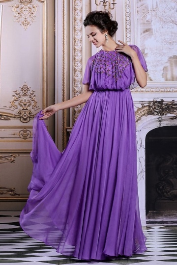 Dressesmall Modern Purple Long Jewel Chiffon Beading Formal Dress With Sleeves