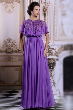 Modern Purple Long Jewel Chiffon Beading Formal Dress With Sleeves