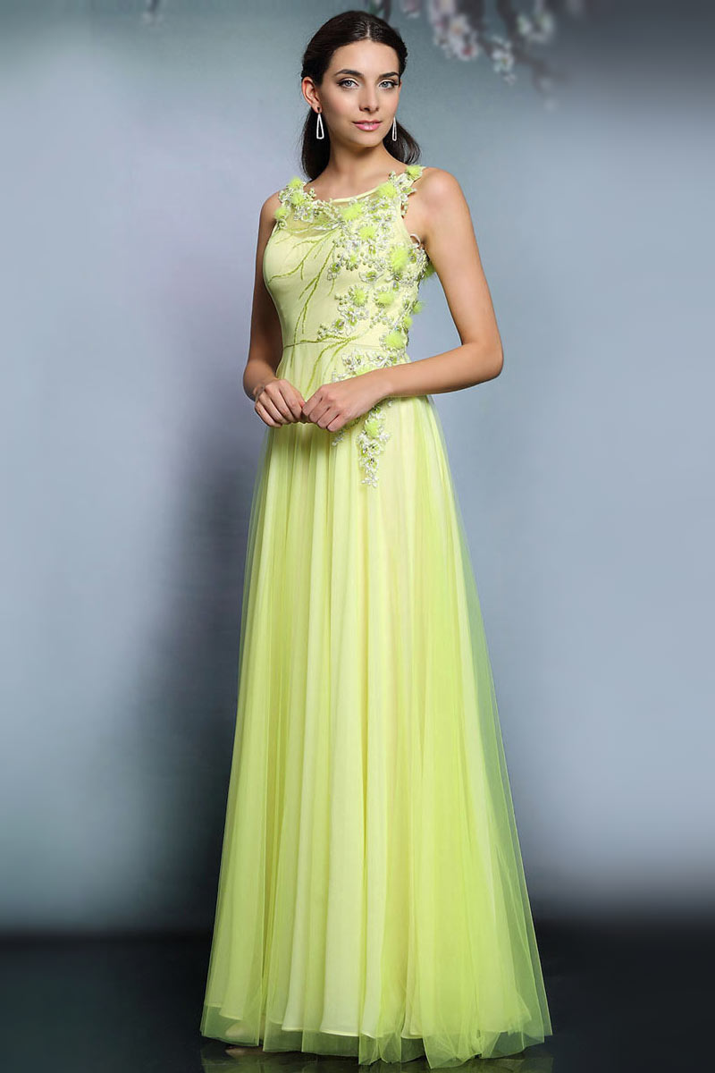 Modern Tulle A Line Bateau Sequins Long Formal Dress