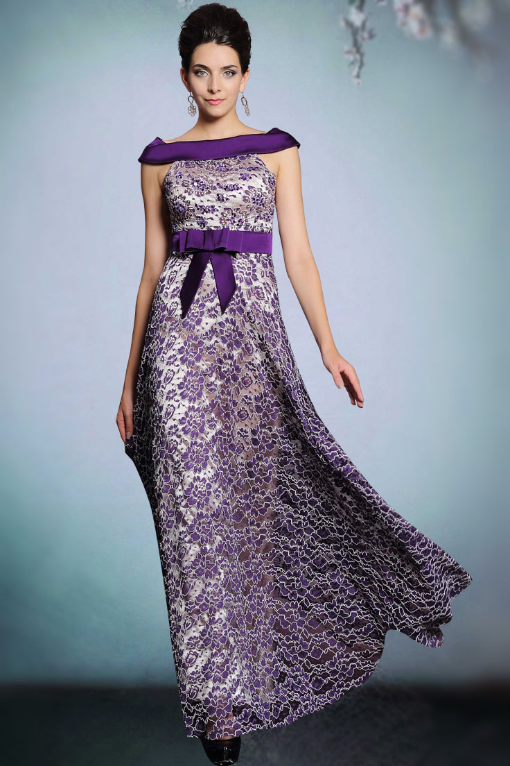 Elegant Purple Lace Bateau A Line Long Formal Dress With Bow