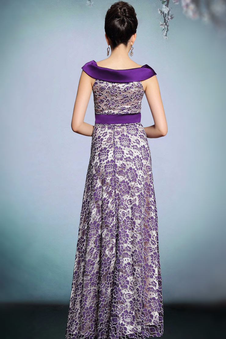 Elegant Purple Lace Bateau A Line Long Formal Dress With Bow