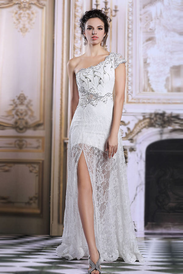 2015 Chic One Shoulder White Lace Sweep Train Formal Dress With Sleeves