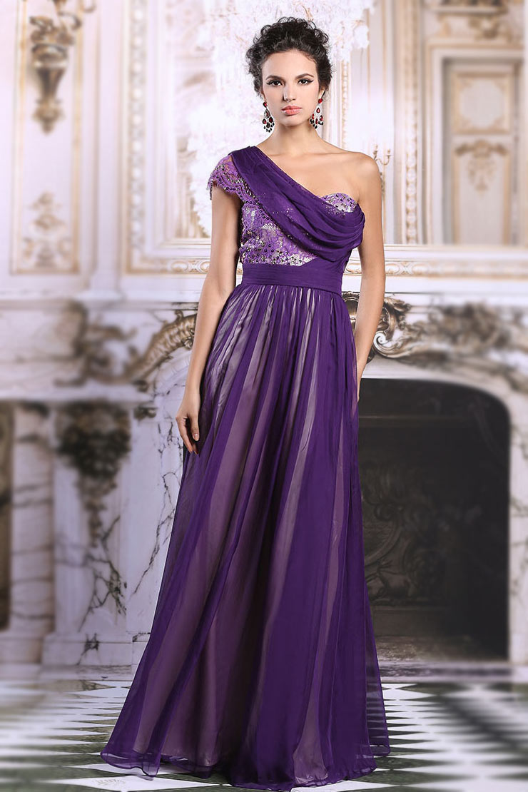 Chic One Shoulder Purple Chiffon Long Evening Dress With Sleeves