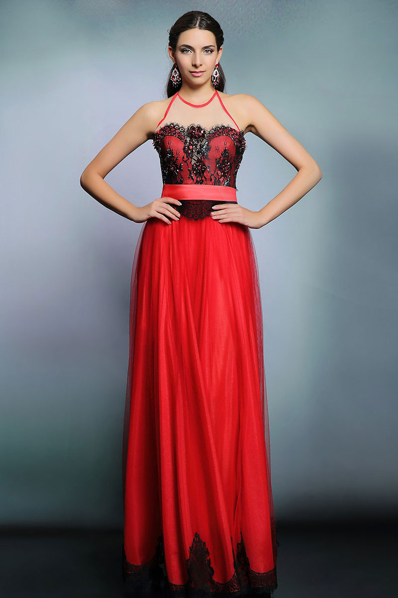 Sexy Halter Backless Tulle Color Block Beading Red Evening Dress