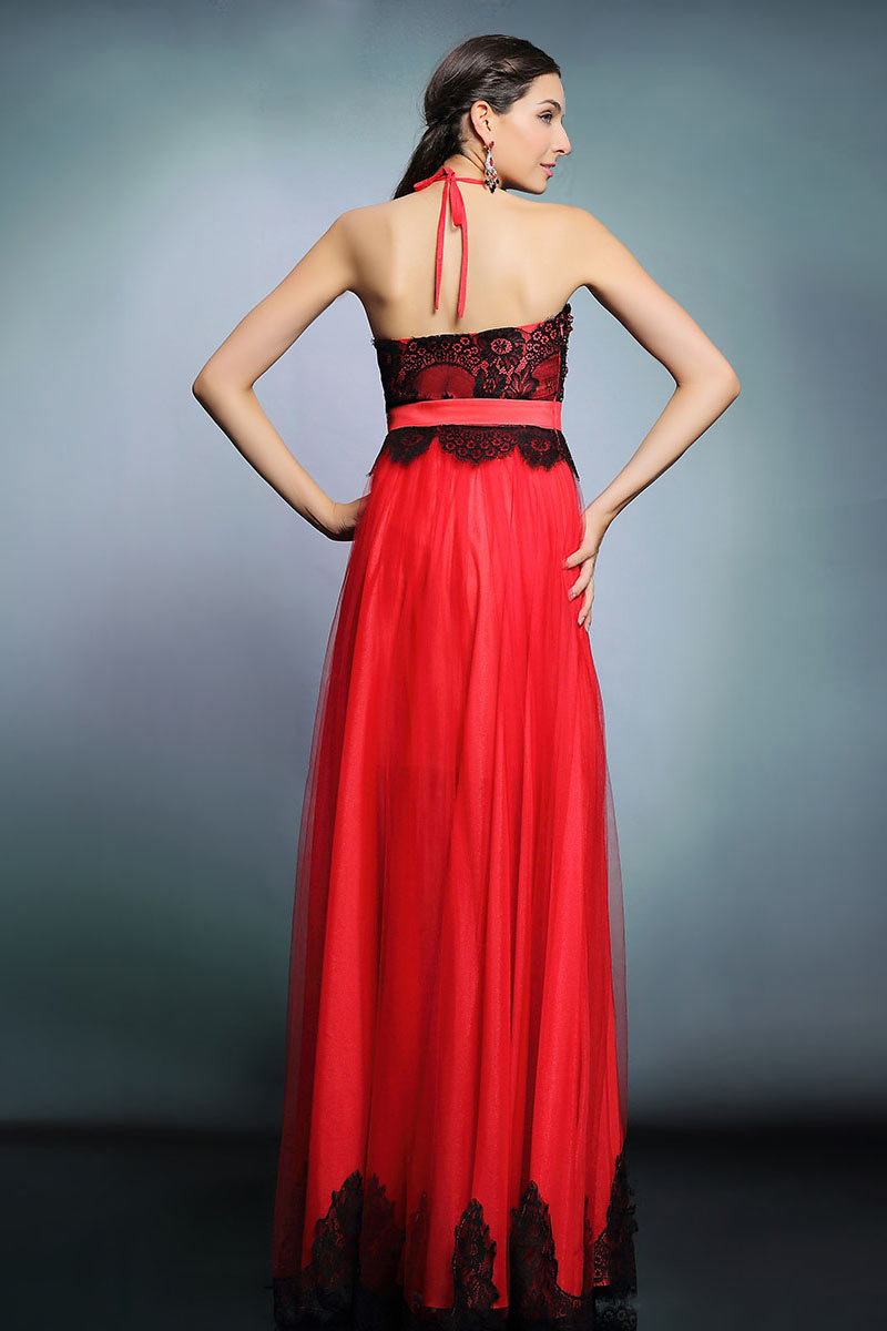 Sexy Halter Backless Tulle Color Block Beading Red Evening Dress