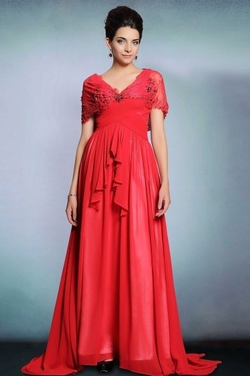 Dressesmall Modern V Neck Chiffon A Line Long Red Evening Dress