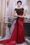 Sexy Bateau A line Court train Color block Lace Evening Dress with Short sleeves