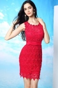 Classic Red Above Knee Lace Beading Sleeveless Open Back Mini Formal Dress