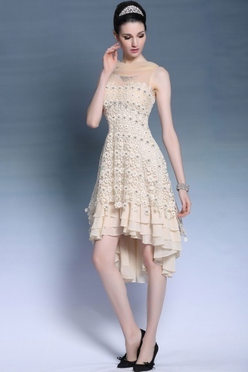 Dressesmall Ivory High Low Beading Appliques Sleeveless Lace Formal Dress