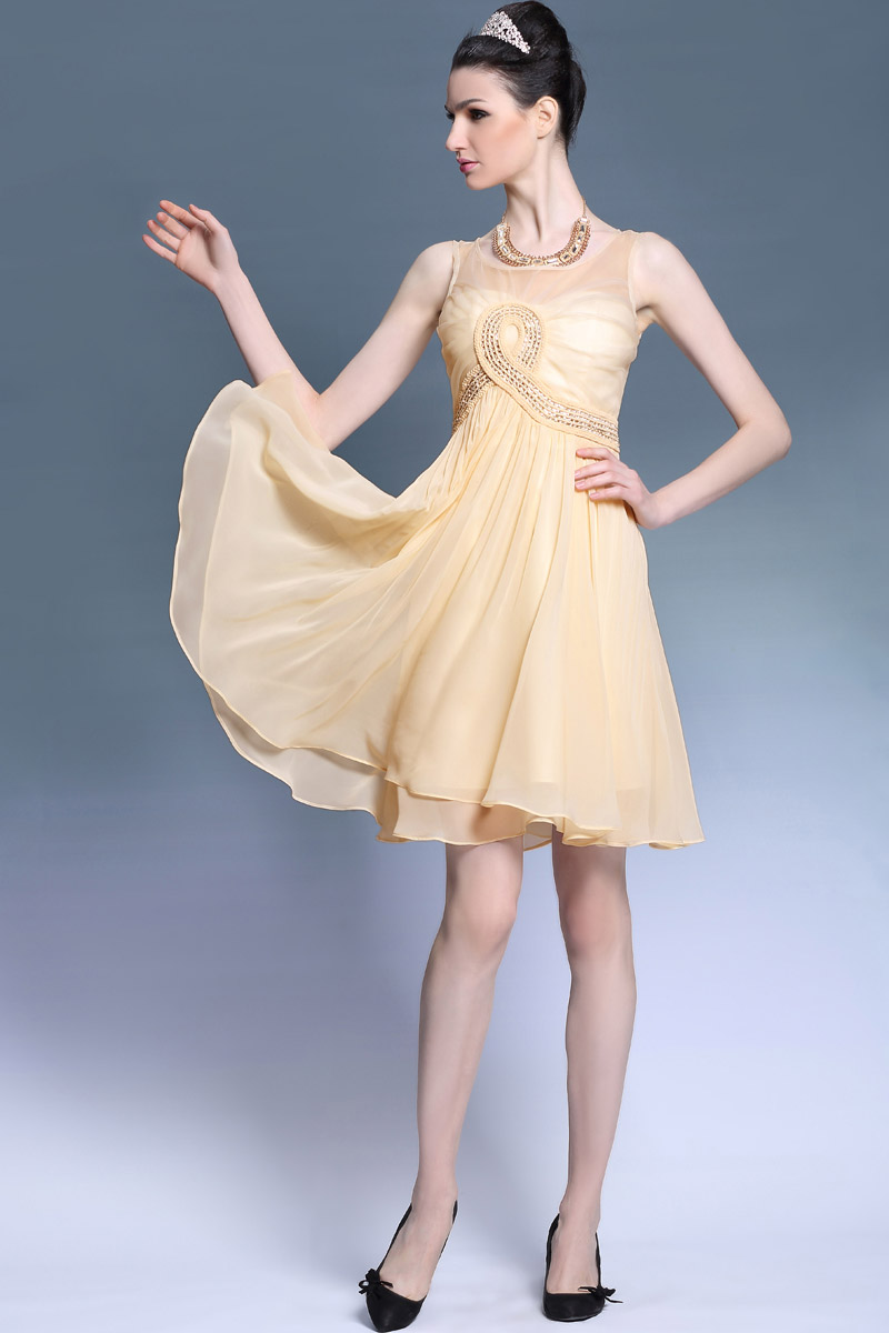 Beautiful Yellow Tone Beadings Short Chiffon Formal Dress